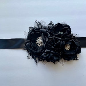 Fabric Flowered Black Sash - Silk Flowers, Handmade Fabric Flowers, Flower Belt, Prom Flowers, Homecoming Flowers, Wedding Dress Accessory