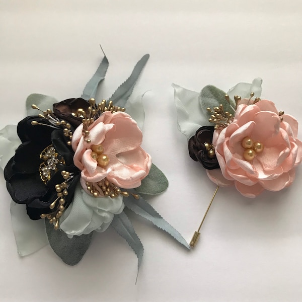 Corsage or Boutonnière - Blush, Mint, Black, Brown and Gold