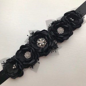 Black Flower Line Sash - Satin Roses, Satin Flower Sash, Satin Flower Belt, Prom, Homecoming, Fabric Flowers, Prom Flowers, Black Roses