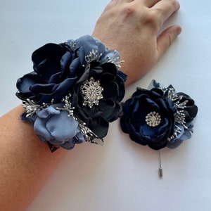 Navy, Black and Dusty Blue - Corsage or Boutonnière - Shades of Blues, Prom Flowers, HOCO Flowers, Fabric Flowers, Blue Flowers, Blue Roses