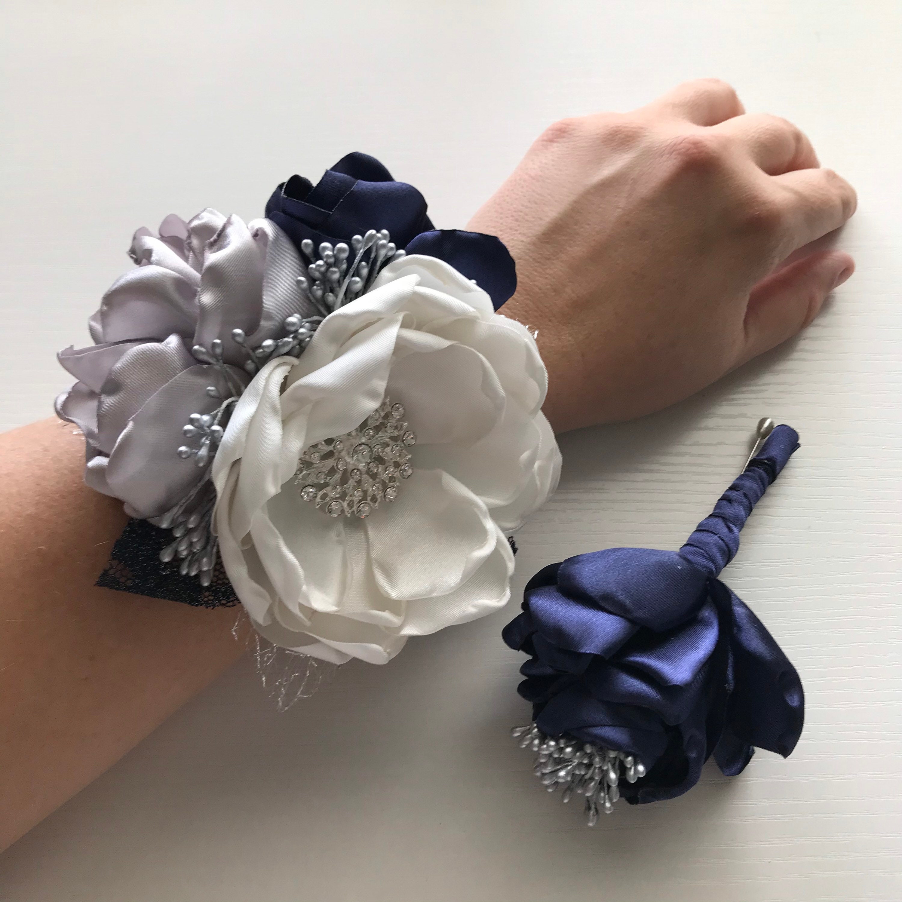 What Color Corsage For Navy Blue Dress Navy Blue Silver and Cream Boutonnière or Corsage - Etsy
