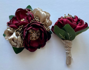 Maroon and Champagne Rose Corsage or Boutonnière with Greenery