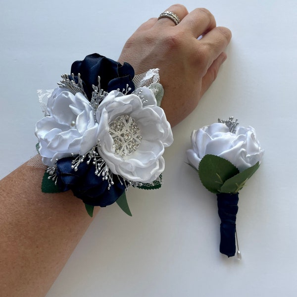 White with Navy and Greenery Corsage Or Boutonnière