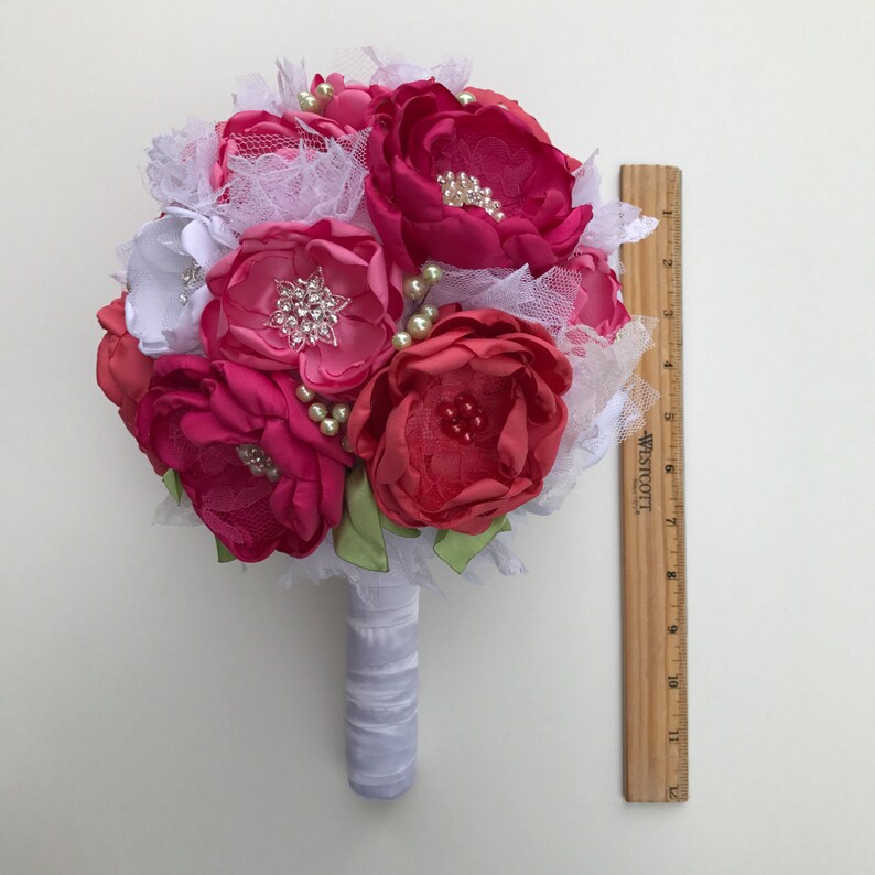 Fabric Flower Bouquet Faabric Flowers Bouquet Coral Pink Fabric Wedding Flowers Pink Bridal Large Size Hot Pink and Pure White