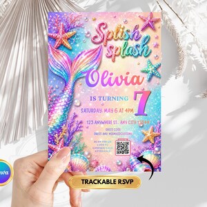 Puede incluir: Una tarjeta de invitación de cumpleaños rectangular con una cola de sirena colorida, estrellas de mar y coral sobre un fondo degradado pastel. El texto incluye Splish splash, Olivia, IS TURNING 7, SATURDAY, MAY 6 AT 4PM, 123 ANYWHERE ST. y un código QR.