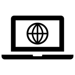 May include: A black and white graphic of a laptop. The screen shows a globe icon, symbolising the internet or global connectivity. The laptop is presented in a simple, modern style, ideal for digital or tech-related themes.