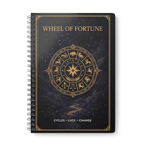 Könnte beinhalten: Ein spiralgebundenes Notizbuch mit schwarzem Einband. Auf dem Einband steht in Gold "WHEEL OF FORTUNE" und ein goldenes Tierkreisrad-Design. Die Worte "CYCLES • LUCK • CHANGE" sind ebenfalls vorhanden.