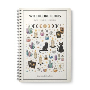 Könnte beinhalten: Ein spiralgebundenes Notizbuch mit cremefarbenem Einband, auf dem "WITCHCORE ICONS" steht, sowie Illustrationen von Kristallen, Kerzen, Zaubertränken, schwarzen Katzen, Tarotkarten und Himmelselementen. Die Worte "CUTE MAGIC MYSTICAL" sind ebenfalls vorhanden.