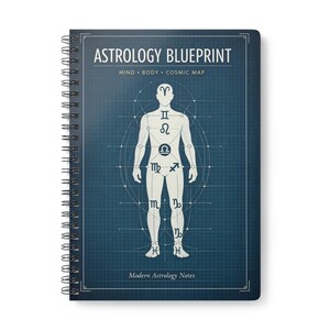 May include: A spiral-bound notebook with a blue cover featuring the text "ASTROLOGY BLUEPRINT" and a diagram of a human figure with astrological symbols. The notebook is labeled "Modern Astrology Notes".