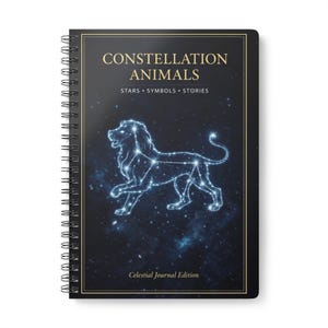 Könnte beinhalten: Spiralgebundenes Notizbuch mit schwarzem Einband, der ein Löwensternbild in Weiß zeigt. Der Einband trägt den goldenen Text „CONSTELLATION ANIMALS“ mit „STARS • SYMBOLS • STORIES“ darunter. Am unteren Rand steht „Celestial Journal Edition“.