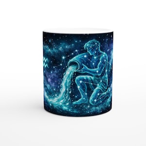 Puede incluir: Taza de cerámica blanca con una ilustración azul del signo zodiacal Acuario. El diseño representa una figura arrodillada vertiendo agua de un recipiente, sobre un fondo de cielo estrellado.