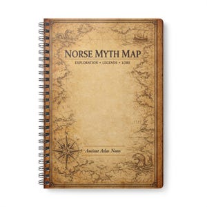 Könnte beinhalten: Ein spiralgebundenes Notizbuch mit einem Vintage-Kartendesign. Das Cover zeigt den Text "Norse Myth Map" mit den Worten "Exploration, Legends, Lore" darunter. Eine Windrose und der Text "Ancient Atlas Notes" sind ebenfalls sichtbar.