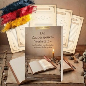 Könnte beinhalten: Ein Buch mit dem Titel "Die Zauberspruch-Werkstatt" mit einem offenen Buch, einer Feder und einer Kerze auf einer Holzoberfläche. Das Buch ist von leeren Seiten und einer deutschen Flaggen-Grafik umgeben. Der Untertitel des Buches lautet "Das Handbuch zum Erschaffen wirksamer Zaubersprüche."