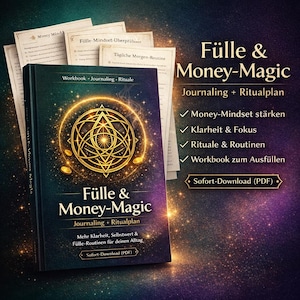 Puede incluir: Un libro titulado "Fülle & Money-Magic" con un diseño geométrico dorado en la portada, acompañado de hojas sueltas. El título del libro está en letras doradas, con texto adicional en alemán. El fondo es un degradado oscuro y estrellado.