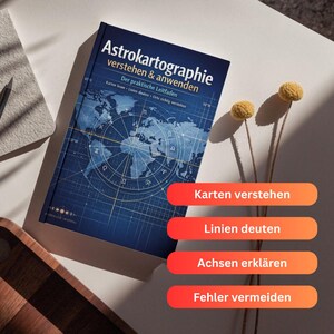 May include: A book titled "Astrokartographie verstehen & anwenden" with a blue cover featuring a world map and astrological symbols. The book's title is in German. The image also includes text in German: "Karten verstehen", "Linien deuten", "Achsen erklären", and "Fehler vermeiden".