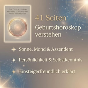 Może przedstawiać: Okładka książki z tytułem "Dein Geburtshoroskop verstehen" (Zrozum swój horoskop urodzeniowy) i tekstem "41 Seiten Geburtshoroskop verstehen". Okładka przedstawia okrągły wzór o tematyce niebieskiej. Dodatkowy tekst zawiera "Sonne, Mond & Aszendent".