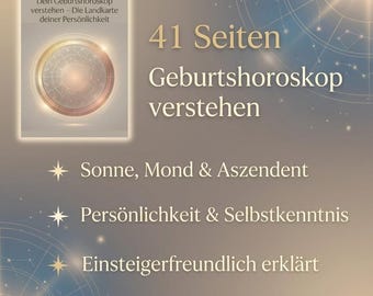 May include: A book cover with the title "Dein Geburtshoroskop verstehen" (Understand Your Birth Chart) and the text "41 Seiten Geburtshoroskop verstehen". The cover features a circular design with a celestial theme. Additional text includes "Sonne, Mond & Aszendent".