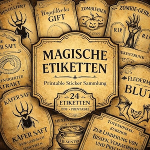 Könnte beinhalten: Eine Sammlung von 24 druckbaren Etiketten im Vintage-Stil mit magischem und Halloween-Thema. Die Etiketten zeigen Illustrationen von Kürbissen, Fledermäusen und Zutaten für Tränke mit deutschem Text. Das zentrale Etikett lautet "MAGISCHE ETIKETTEN".
