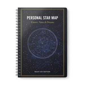 Könnte beinhalten: Ein spiralgebundenes Notizbuch mit schwarzem Einband und Sternenkarten-Design. Der Einband trägt den weißen Schriftzug "PERSONAL STAR MAP" und "Cosmic Notes & Dreams" mit goldenem Rand. Am unteren Rand steht "NIGHT SKY EDITION".