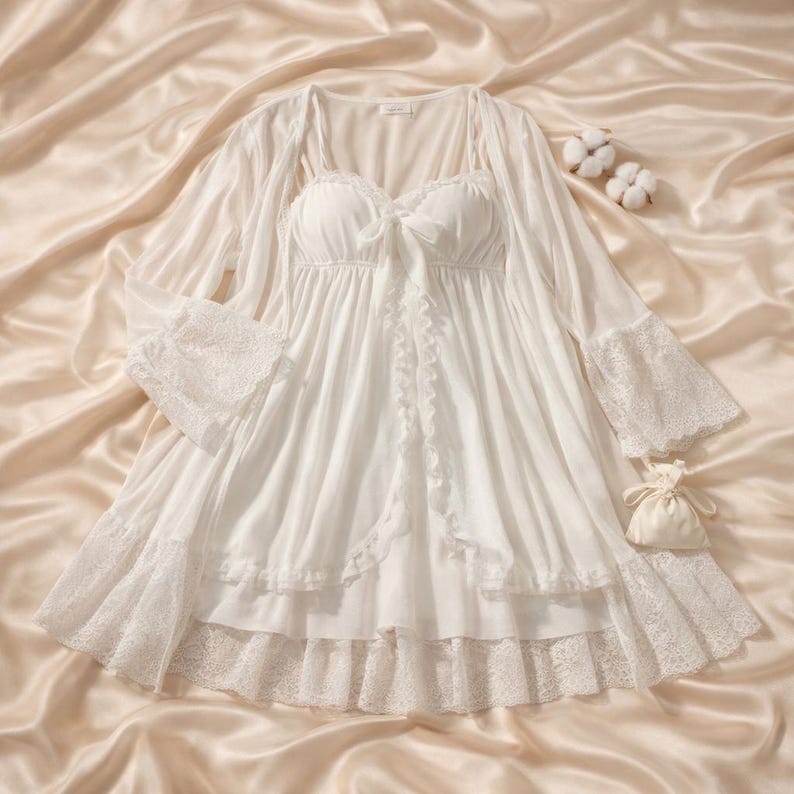 Layered Robe White Lace Robe & Nightdress Set for Women, Elegant Sleepwear - Etsy