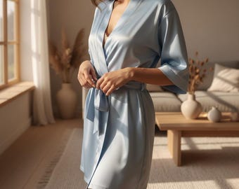 Damen Seide Kimono Robe l Satin Bademantel l Eleganter Morgenmantel