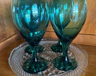 Vintage Libbey Teardrop Juniper Green Wine Glasses  with Gold Rim – Set of 4