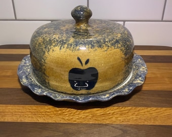 Farmhouse Tan & Blue-Glazed Apple Motif Butter Dish