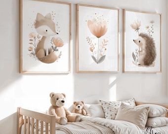Animales del bosque: Zorro, erizo y flor | Juego de 3 pósteres para habitaciones infantiles, acuarelas para habitaciones infantiles y de bebé | Decoración de pared como descarga digital