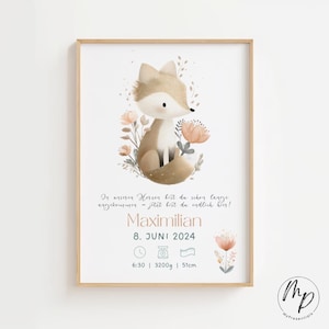 Gepersonaliseerde poster met geboortedatum en -datum van de baby | Poster met babynaam en bosdieren | Geboorteaankondiging | Boho babykamer muurdecoratie (digitale download)