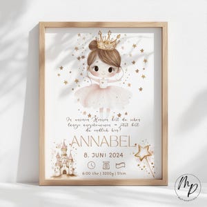 Peut inclure: Impression encadrée avec une ballerine de dessin animé couronnée, entourée d'étoiles. L'impression comprend le nom "ANNABEL", la date "8. JUNI 2024", et les détails: 6:00 Uhr, 3200g, et 51cm. L'œuvre est dans un cadre en bois clair.