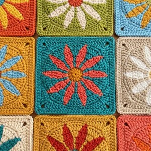May include: A collection of square crochet motifs arranged in a grid. Each square features a central flower design with radiating petals in various colors including red, yellow, blue, green, white, and orange, worked in textured yarn stitches.