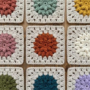 Pode incluir: Uma coleção de nove motivos quadrados de crochê dispostos em uma grade. Cada quadrado apresenta um padrão floral circular central em várias cores, incluindo ferrugem, verde sálvia, amarelo mostarda, malva, creme, oliva, azul-petróleo e lavanda, bordado com fio creme.