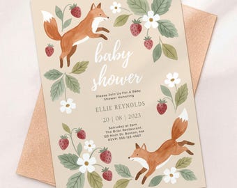 Fox Baby Shower Invitation | Woodland Strawberry Floral Girl | Editable Digital Download 5X7