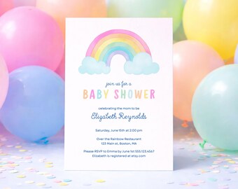 Rainbow Baby Shower Invitation Editable Canva Template | Neutral Pastel Baby Shower Invite | Gender Neutral Rainbow Baby