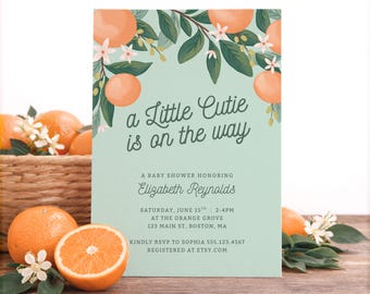 Little Cutie Baby Shower Invitation Canva Template | Orange Citrus Shower Invite | Editable 5x7