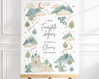 A New Fairytale Begins | Dragon Baby Shower Welcome Sign | 18x24 & 8x10 | DA1