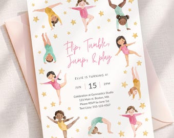 Gymnastics Birthday Invitation Tumble Party Flip Jump Girl Bday | Editable Digital Download 5X7