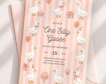 One Silly Goose 1st Party Girl Birthday Invitation | Digital Canva Template 5X7