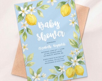 Lemon Baby Shower Invitation Blue Citrus Floral Party | Editable Digital Download 5X7