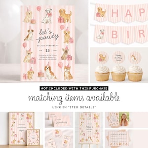 May include: Pink and white striped birthday party invitation with watercolor illustrations of puppies, balloons, and gifts. The invitation reads "let's pawty" and includes party details. Matching cupcake toppers and a banner spell "Happy Birthday".