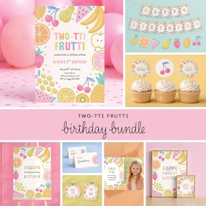 May include: A colorful birthday party bundle with a fruit theme. Includes invitations, cupcake toppers, a banner, and other party supplies. The design features illustrations of various fruits like strawberries, bananas, and oranges. The text "TWO-TTI FRUTTI" is prominently displayed.
