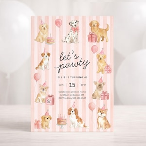 Dog Birthday Invite Girl | Preppy Pink Puppy Party Invitation | Canva Instant Download Editable Template