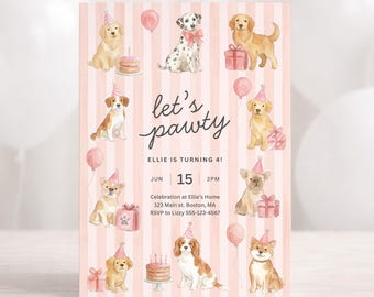 Dog Birthday Invite Girl | Preppy Pink Puppy Party Invitation | Instant Download Editable Template | LP1