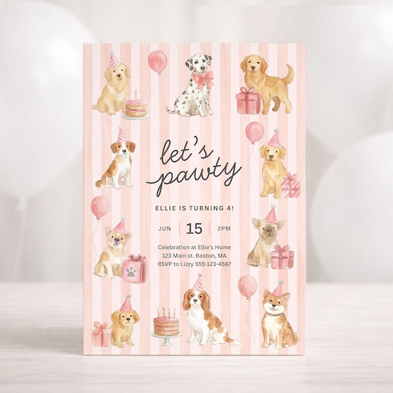Dog Birthday Invite Girl | Preppy Pink Puppy Party Invitation | Instant Download Editable Template | LP1