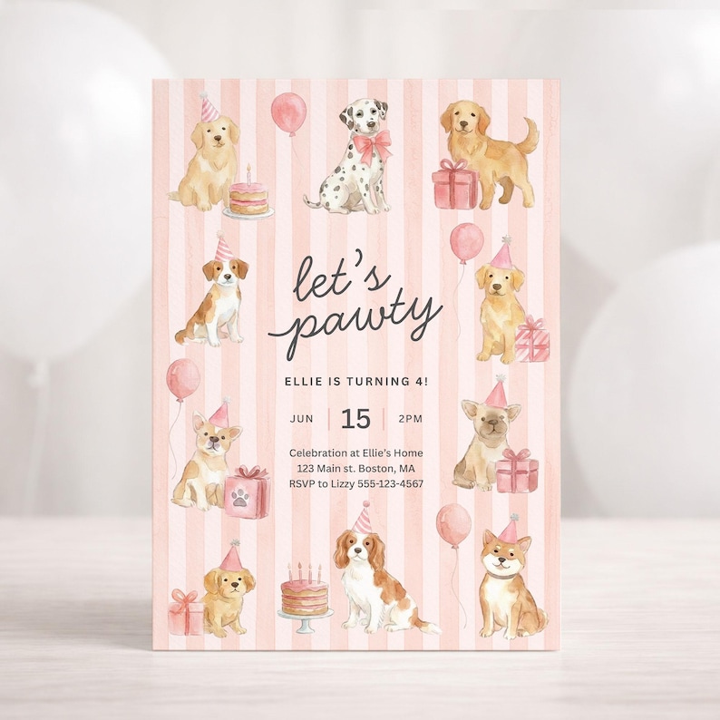Dog Birthday Invite Girl | Preppy Pink Puppy Party Invitation | Canva Instant Download Editable Template