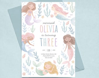 Mermaid Birthday Invitation | Pastel Under the Sea Party | Rainbow Text | Digital Canva Template | MW5