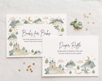 Dragon Baby Shower Invitation Inserts 5x3.5 | Diaper Raffle & Books for Baby | DA1