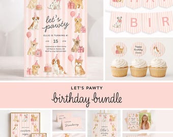 Dog Birthday Invite Bundle Girl | Preppy Pink Puppy Party Decor | Editable Instant Download | LP1