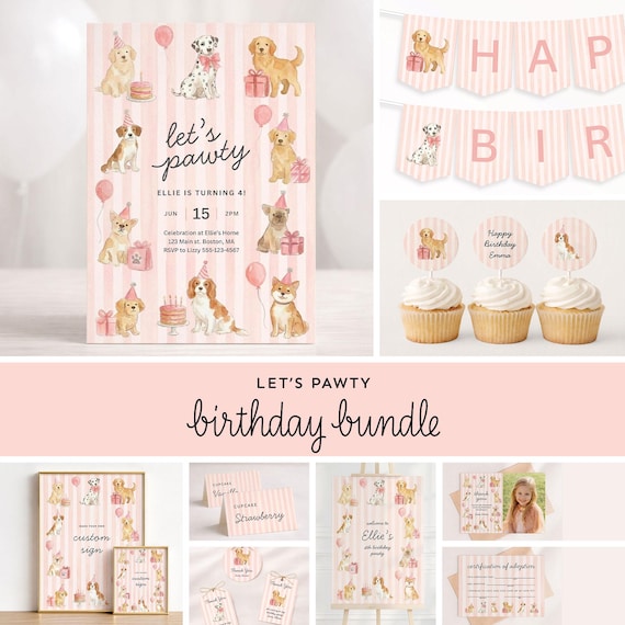 Dog Birthday Invite Bundle Girl | Preppy Pink Puppy Party Decor | Editable Instant Download | LP1