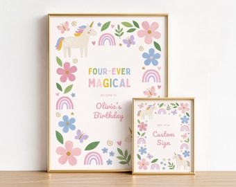 Four Ever Magical Birthday Signs | Unicorn 4th Party | Pastel Rainbow | Editable Digital Download 18x24 & 8x10 | UR4